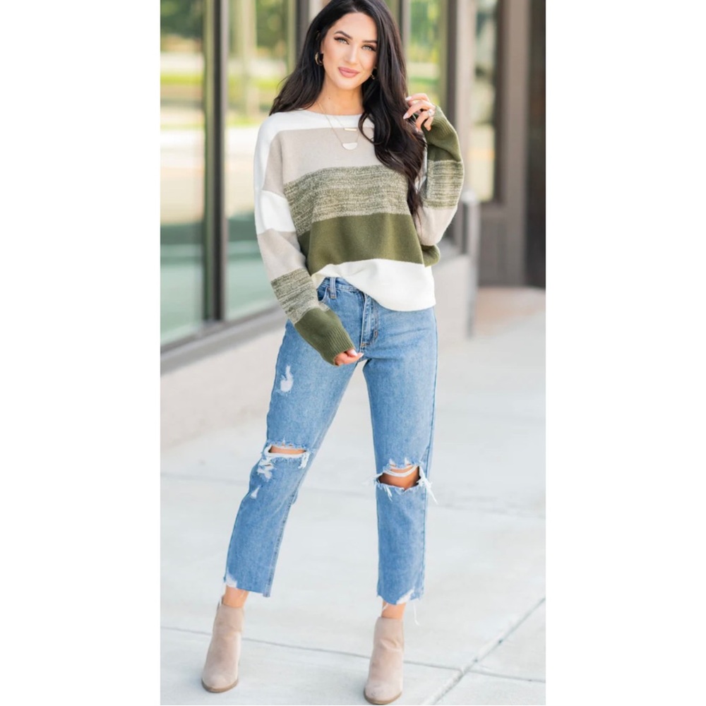 On Your Way Up Olive Green Colorblock sweater